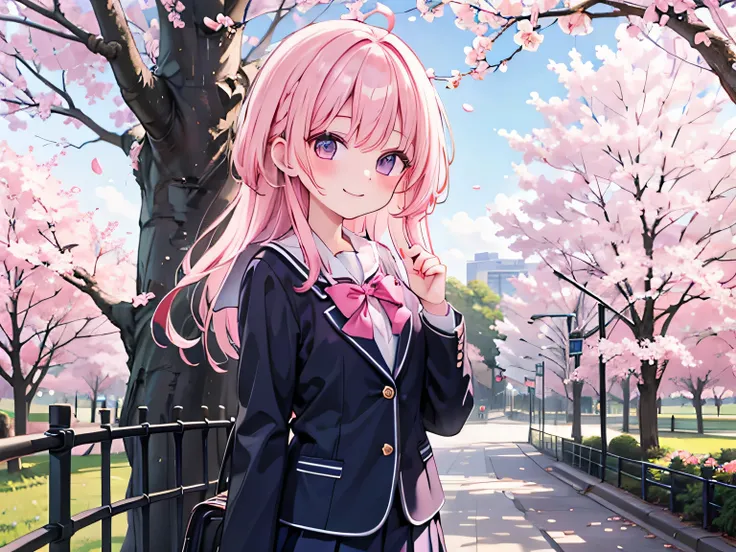 School uniform, pink hair, smile, cherry blossom, class, 