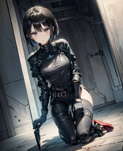  best quality，T Masterpiece，Ultimate resolution，１８Old female fighter， slender、Very slim、 small face、cute、（ Kneeling Pose ），Super Short Hair，((Solid black tight combat uniform with a black enamel finish:1.0))，Black Hair、Peace talks between warring factions,...