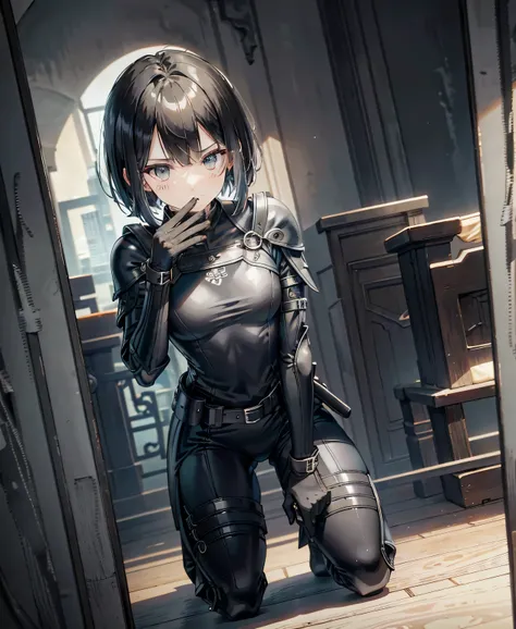  best quality，T Masterpiece，Ultimate resolution，１８Old female fighter， slender、Very slim、 small face、cute、（ Kneeling Pose ），Super Short Hair，((Solid black tight combat uniform with a black enamel finish:1.0))，Black Hair、Peace talks between warring factions,...