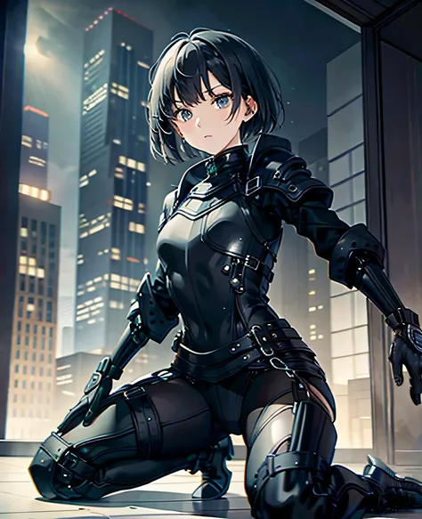  best quality ， T Masterpiece，Ultimate resolution，１８Old female fighter， slender、Very slim、 small face、cute、（ Kneeling Pose ），Super Short Hair，((Solid black tight combat uniform with a black enamel finish:1.0))，Black Hair、Peace talks between warring faction...