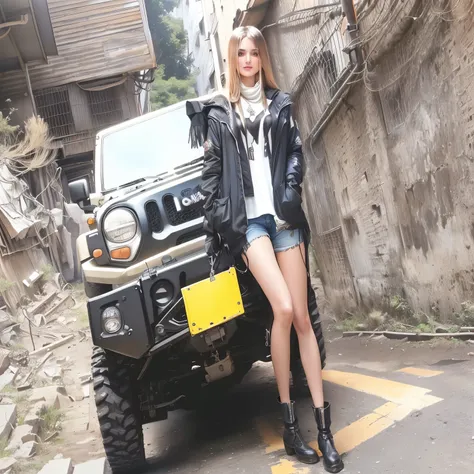 Arabian woman in shorts and boots standing next to a jeep, ❤🔥🍄🌪,  model Elisa Hess s from acquamodels,  happy !!!,  Takadayama Honshiki,  Tsubasa Nakai&#39;s Style , 🪔 🎨;🌞🌄,  japanese streetwear , scene!!, Japanese Street Fashion, Illustration!!