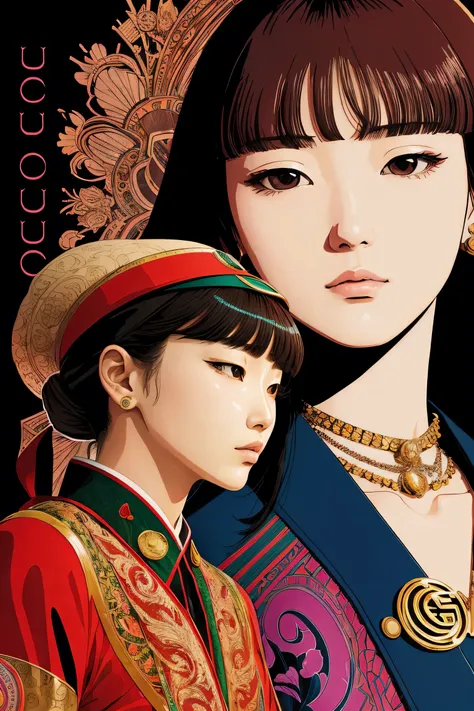 Create a creative arts design, inspired by the art of Moebius using a collage technique with the words "Gucci or The Girl" written within it, korean woman, 