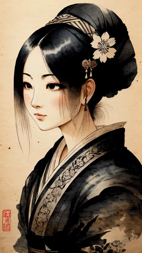 Ink Painting、Old paper texture、Damaged Paper、Old style、Faded colors、Close-up of face、A painting in which only the courtesan&#39;s eyes are visible as cherry blossoms fall across the entire screen、cleavage, Blurred Painting