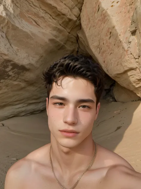 arafed man with no shirt on posing for a picture in front of a rock, 18 years old, tommy 1 , 1 , taken in the early 2020s, 2 , perfect face and boy, 21 years old, 2 , mid-shot of a hunky, twink