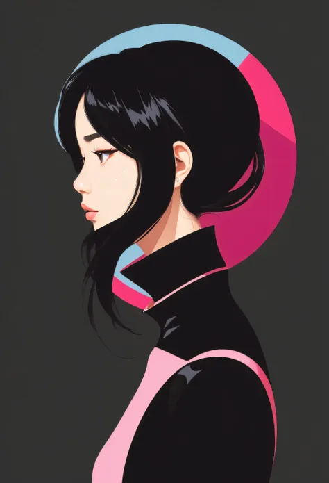 (((Vector，flat form style，illustration，digital art illustration)))，1 asian girl，unique，pretty face，profile，portrait，Shoulder，Black high neck，Geometric Gradients，artistic conception，Abstract，Minimalism，minimalist lines，portrait，blue flower, flower, Gradient...