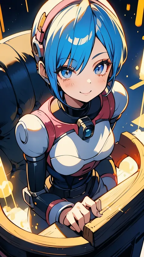 1 girl, robot, Metallic face,  blue hair, Short bob hair, cute face, smiling,  golden eyes, , thin frame