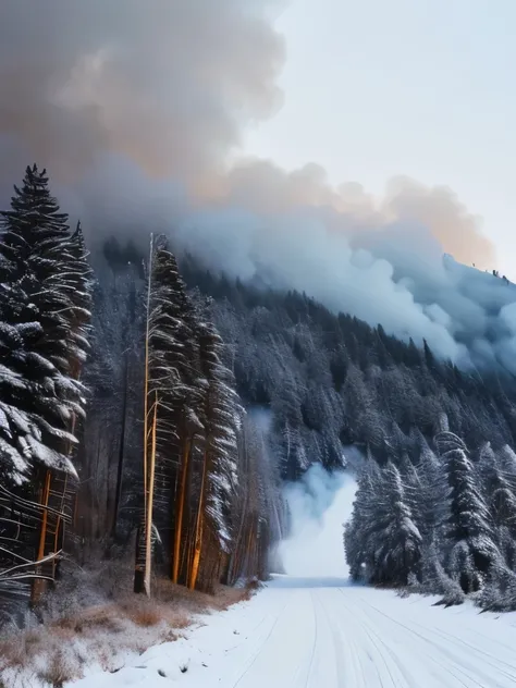 there is a snow covered forest with a few trees in the background, a picture by Werner Gutzeit, pexels, romanticism, snowy forest, snowing in the forest, forest fire, snow forest, in a snowy forest setting, some mist grey smoke and fire, foggy forest, fogg...