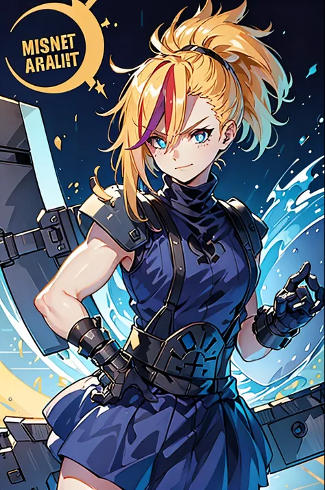 (masterpiece, best quality:1.2), Blue  glowing eyes, perfect face, highres, 1 girl, solo, ultra long ponytail, (female:1.5), strife, blonde hair, shoulder armor, sleeveless turtleneck, suspenders, belt, gloves, bracer, evil smile, standing, portrait, looki...