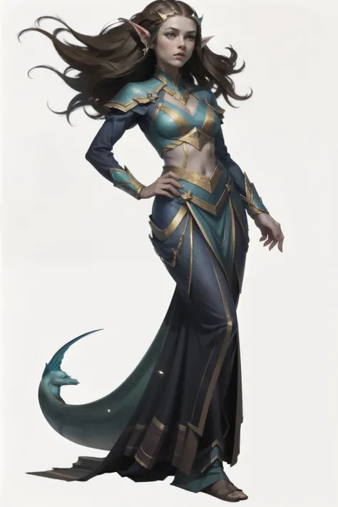 full-body illustration of a female sea elf character, also described as a triton or fish-woman, with light blue skin, pointy ear...