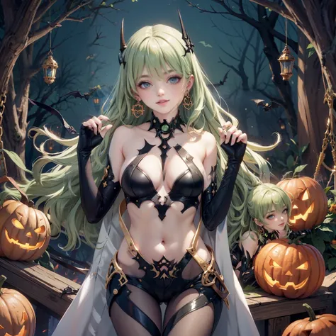 Mobius (honkai impact), honkai (series), honkai impact 3rd, asymmetrical gloves, bangs, earrings, elbow gloves, solo, gloves, green eyes, green hair, hair between eyes, jewelry, long hair, looking at viewer, 1girl, vampire costume for Halloween, jewelry, b...