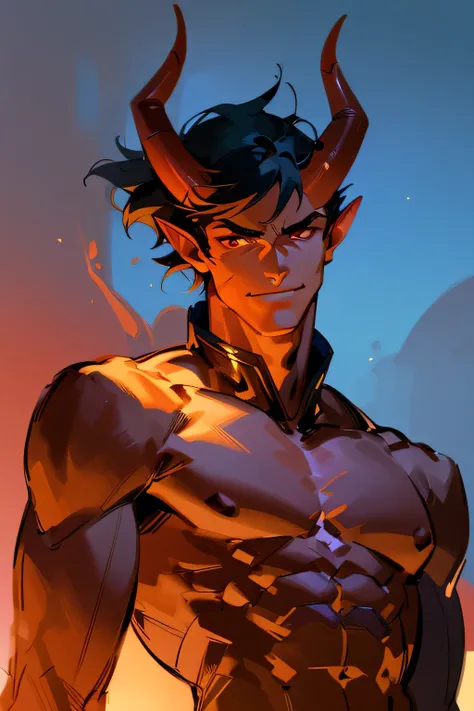 Brown skin tiefling man, (extremely detailed CG unity 4k wallpaper),(masterpiece),(best quality),(ultra-detailed),(best illustration),(best shadow),(absurdres),Male, demon, muscular, Glowing red eyes, Muscular, Handsome, Short black hair, dnd style, upper ...