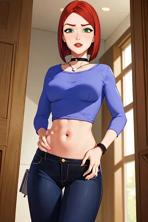 super fine illustration, vibrant colors, masterpiece, sharp focus, best quality, depth of field, looking down, cinematic lighting, ultra detailed, solo, 1girl, big bellybutton, large navel, tummy, choker, jewelry, necklace, black choker, blue shirt, crop t...