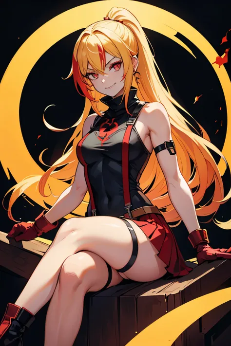 she is back, insane smile,(masterpiece, best quality:1.2), red glowing eyes, red eyes, the eyes are red, perfect face, strong make up, highres, 1 girl, ultra long ponytail, (female:1.5), strife, blonde hair streaked with lots of red highlights, two colors ...