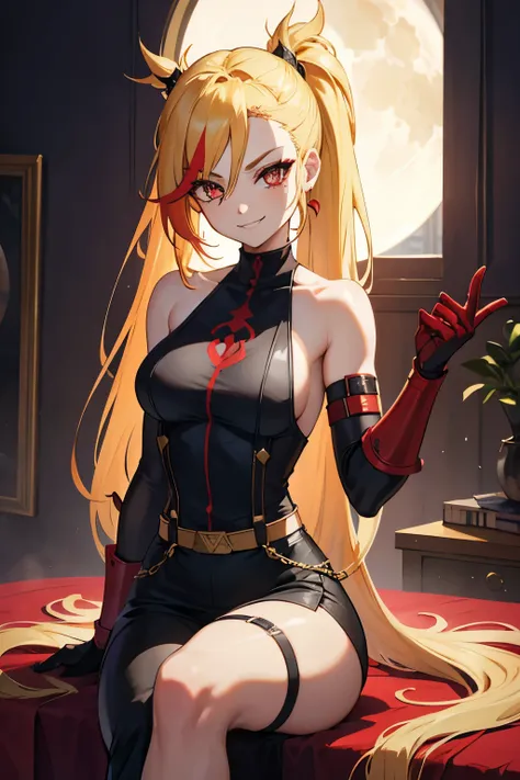 she is back, insane smile,(masterpiece, best quality:1.2), red glowing eyes, red eyes, the eyes are red, perfect face, strong make up, highres, 1 girl, ultra long ponytail, (female:1.5), strife, blonde hair streaked with lots of red highlights, two colors ...