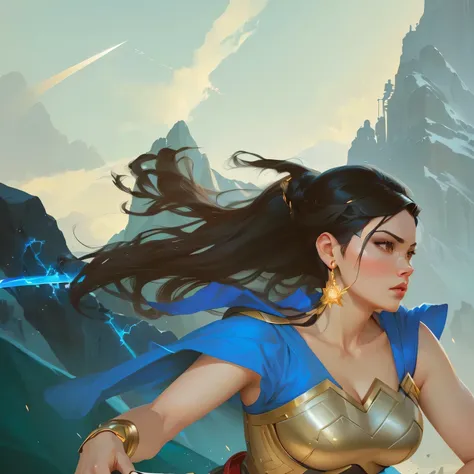 there is a woman in a blue dress holding a sword, artgerm and atey ghailan, portrait of modern darna, artgerm detailed, in style of artgerm, artwork in the style of guweiz, alena aenami and artgerm, aly fell and artgerm, inspired by Lan Ying, inspired by D...