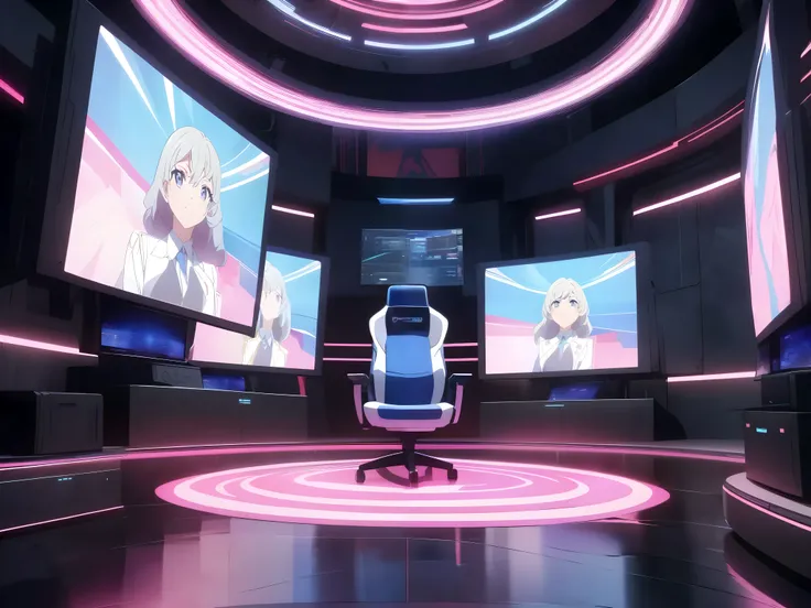 Interior shot, medium shot, a dark room with digital monitors on the right and left, foreground a modern presidential chair in the center. Anime style. Futuristic.