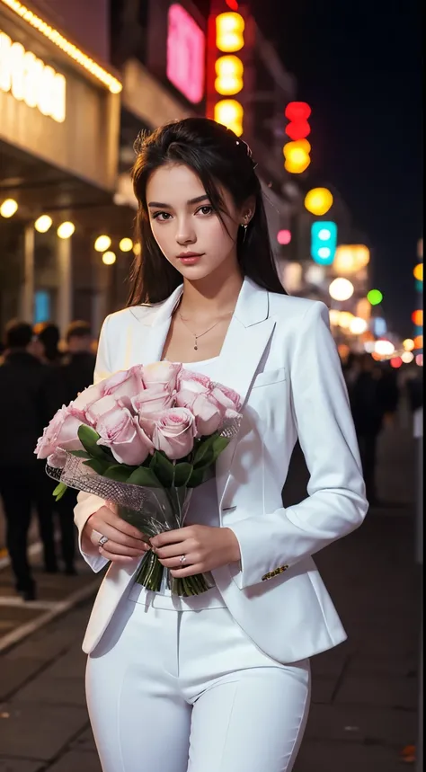 young woman. 18 years old.  in a white suit .  sexy . with a bouquet of roses .  against the city at night .neon lights are burning.