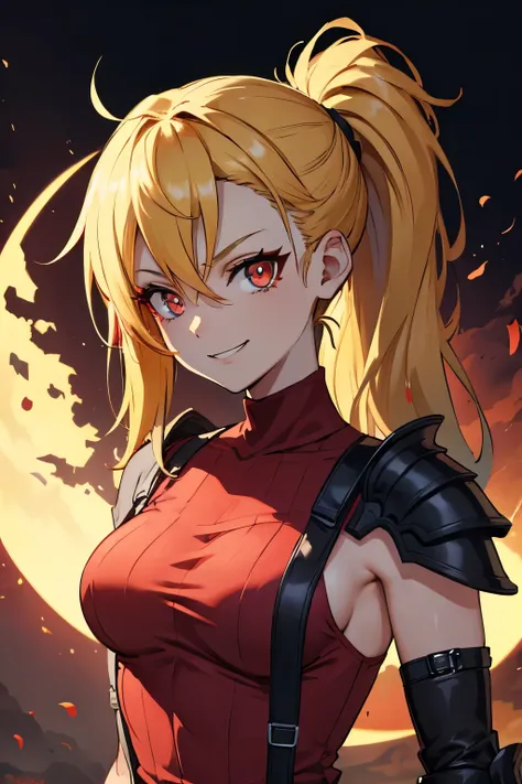 she is back, insane smile,(masterpiece, best quality:1.2), red glowing eyes, red eyes, the eyes are red, perfect face, strong make up, highres, 1 girl, ultra long ponytail, (female:1.5), strife, blonde hair streaked with lots of red highlights, two colors ...