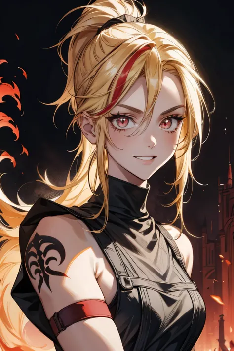 she is back, insane smile,(masterpiece, best quality:1.2), red glowing eyes, red eyes, the eyes are red, perfect face, strong make up, highres, 1 girl, ultra long ponytail, (female:1.5), strife, blonde hair streaked with lots of red highlights, two colors ...