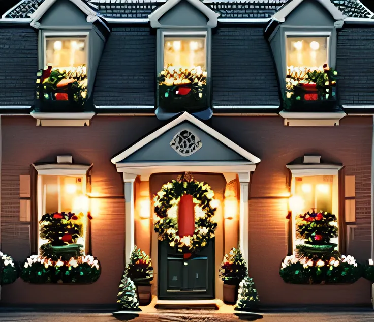 A house decorated with Christmas baubles. Shiny. Completely covered.