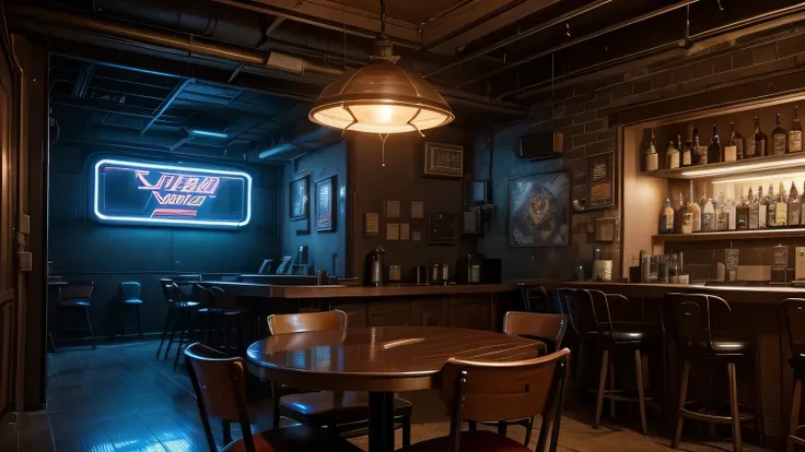  Scenery reminiscent of a western bar  , with chairs and tables  ,  I want a table in front so that I can place a character sitting in front of the viewer,  the setting combines a cyberpunk atmosphere mixed with a nostalgic and vintage aesthetic . It is re...