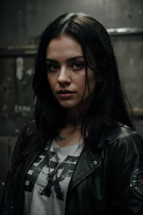 a young woman with long black hair, worn punk clothing, rundown room, beautiful detailed eyes, beautiful detailed lips, extremely detailed face, longeyelashes, dramatic lighting, cinematic composition, moody atmosphere, gritty urban style, dark shadows, gr...