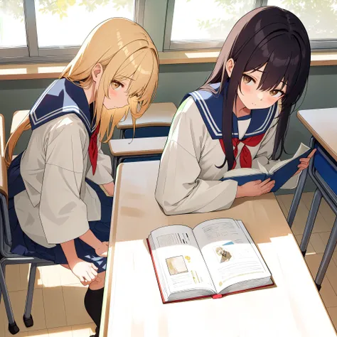 The background is a Japanese classroom. There is a window that lets in sunlight in the evening, creating a romantic golden light. There is a gentle breeze. The desks are neat and tidy. There are not many students sitting there, and the focus is on the man ...