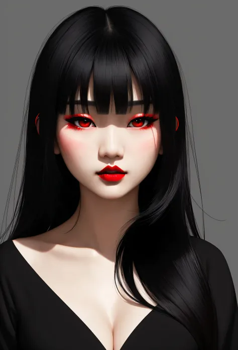 asian girl, long black hair, bangs, dark eyes, red lips, illustration，digital art illustration, work of uncanny art, gallery worthy，Minimalism，minimalist lines，cleavage,