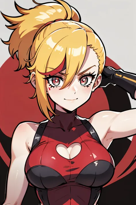 she is back, insane smile,(masterpiece, best quality:1.2), red glowing eyes, red eyes, the eyes are red, perfect face, strong make up, highres, 1 girl, ultra long ponytail, (female:1.5), strife, blonde hair streaked with lots of red highlights, two colors ...