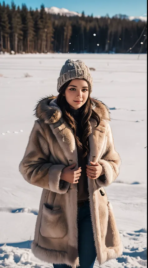 wolf . snow . field . next to a girl  .in a fur coat.