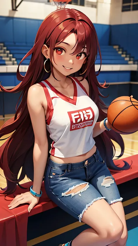 Black woman with long wavy red hair. Sports tank top, low neckline. Ripped blue denim shorts. Smiling. Earrings and bracelets. Big legs. Inside a basketball court.