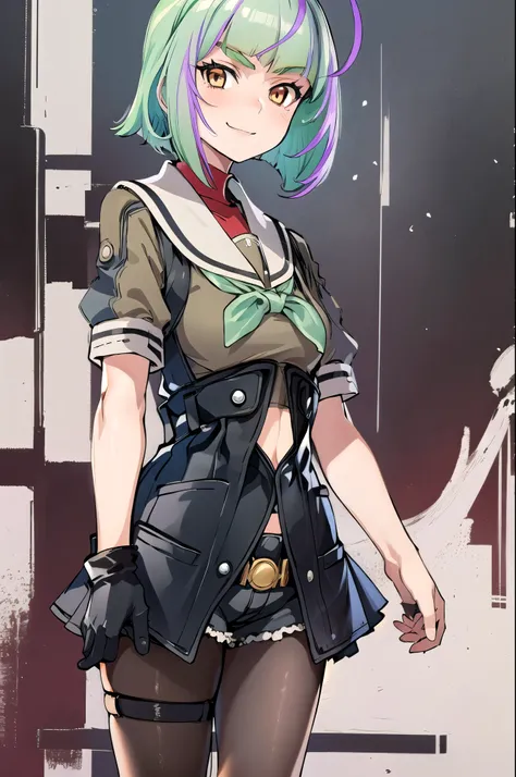 (masterpiece,  best quality:1.2), Alone,  one girl , Kutake, smile,  watch viewers ,  turn your arm back , Ahoge,  bob cut from the front, V-shaped eyebrows,  school uniform, Seraphim, Short sleeve,  Black Gloves ,  shorts,  pantyhose 