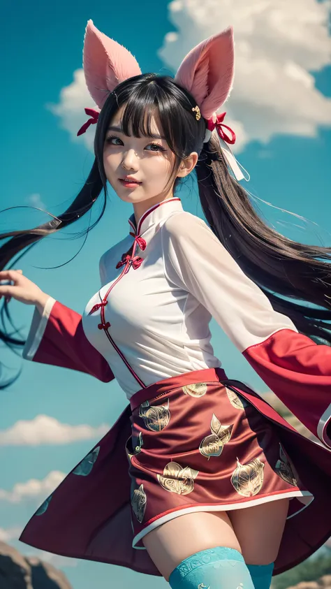 ② Depicting Zhu Bajie as the ultimate moe character, blending her mythical traits with a lively and adorable charm. She is shown dancing gracefully under a vibrant, mystical sky, her expression brimming with joy and energy. Her upper body is dressed in a f...