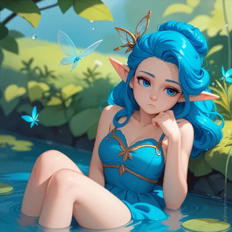 Fairy, woman, very beautiful, very cute, blue hair, blue eyes, blue clothes, bored, boredom, drowsy, water, alone, 4k, High resolution, best quality