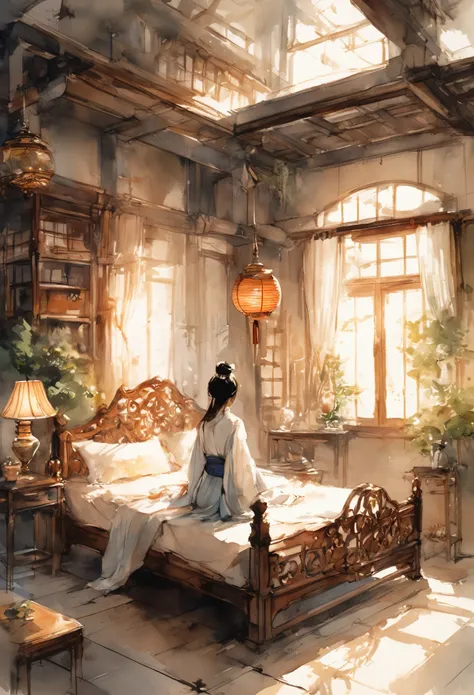 angelic 1girl, fantasy room, sketch, architectural illustration, visual development, interior design architecture, watercolor illustration style, traditional japanese concept art, furniture design sheet, cinematic lighting, cinematic shadow,