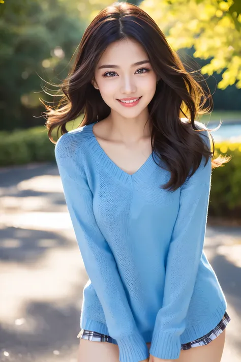 (  table top 、  best quality、8k、、  ultra high resolution )、 ( Cute Japanese girl :1.1)、(perfect long sleeve v-neck knit  :1.2)、(  plaid tight miniskirt  :1.2)、Upper body photo、Cute standing pose、  emphasizes my body line  、  My best smile  、 (Very bright:1...