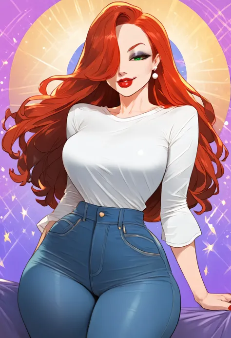 score_9, score_8_up, score_7_up, score_6_up, BREAK source_cartoon, 1girl, red hair, long hair, hair over one eye, green eyes, lipstick, makeup, earrings, BREAK ((wearing a white tshirt)), best quality, expressive eyes, (abstract background:1.5), abstract b...