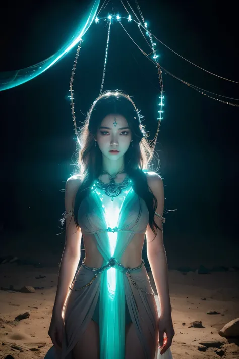 ethereal goddess, bound and defiled, glowing aura, torn dress, conflicted expression, celestial beauty marred by earthly desires, chains of light, cosmic dust swirling, abandoned temple background, chiaroscuro lighting