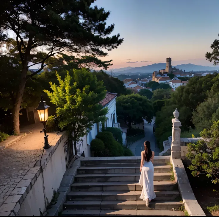 8K quality, Masterpiece,  bright artistic dusk lighting,  super real ,  high chroma, Ancient fortified city landscape pictures,  forest, High ground, (Back view on stairs :1.3), (Ass:1.2), White clothes