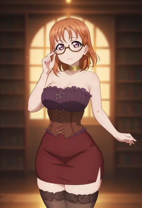 dynamic lighting , love live art style, takami chika , orange hair, medium hair, pink eyes, side braid, circle glasses, corset, ...