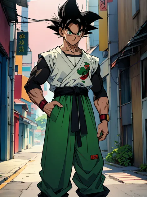 Young Saiyan warrior with spiky black hair and bright green eyes, wearing a unique martial arts outfit with black and white patterns and a red belt tied around the waist. The character has a confident and serious expression, standing in an urban anime-styl...