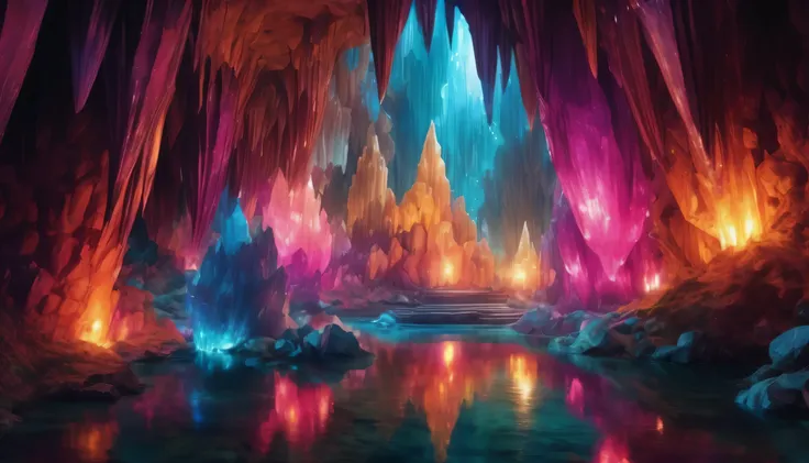 (best quality, masterpiece), an interior landscape of a magical crystal cavern, vibrant colors and majestic mixture of lights, epic, legendary, cinematic, perfect details