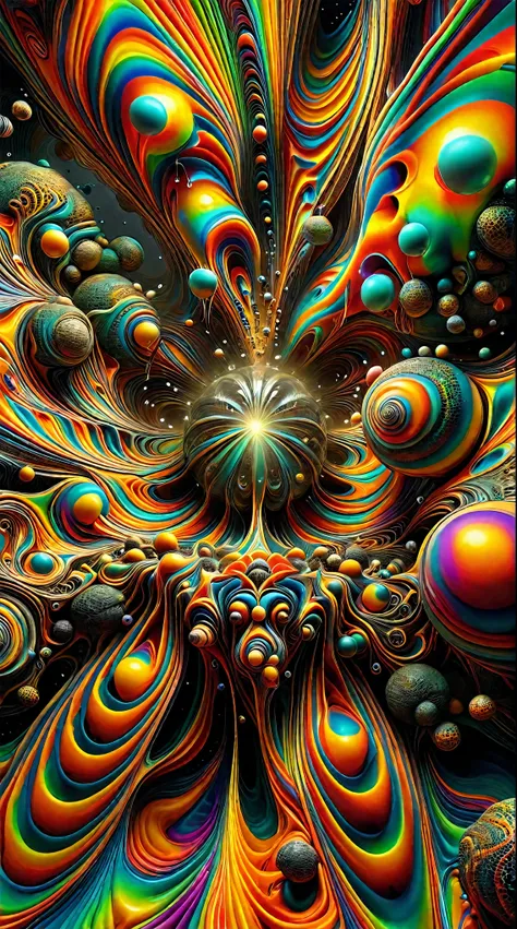 A psychedelic dream, vibrant colors shimmering, glass morphing from colors, intricate rainbow patterns, perfectly formed symmetrical spheres and glowing reflective bubbles, attention to detail on the bubbles and spheres, rainbows of color twisted in and ou...