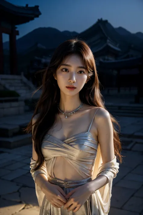 ethereal goddess, (((beautiful korean idol face))), 22 years old, bound and defiled, glowing aura, torn dress, conflicted expression, celestial beauty marred by earthly desires, chains of light, cosmic dust swirling, abandoned temple background, chiaroscur...