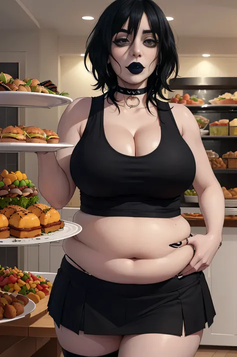 Billie Eilish, (Billie Eilish:1.5), masterpiece quality, (masterpiece quality:1.3), detailed, realistic, (realistic:1.3), 1girl, solo, (solo:1.9), in a busy restaurant, buffet table in background, (buffet in background:1.5), lots of food, (lots of food in ...