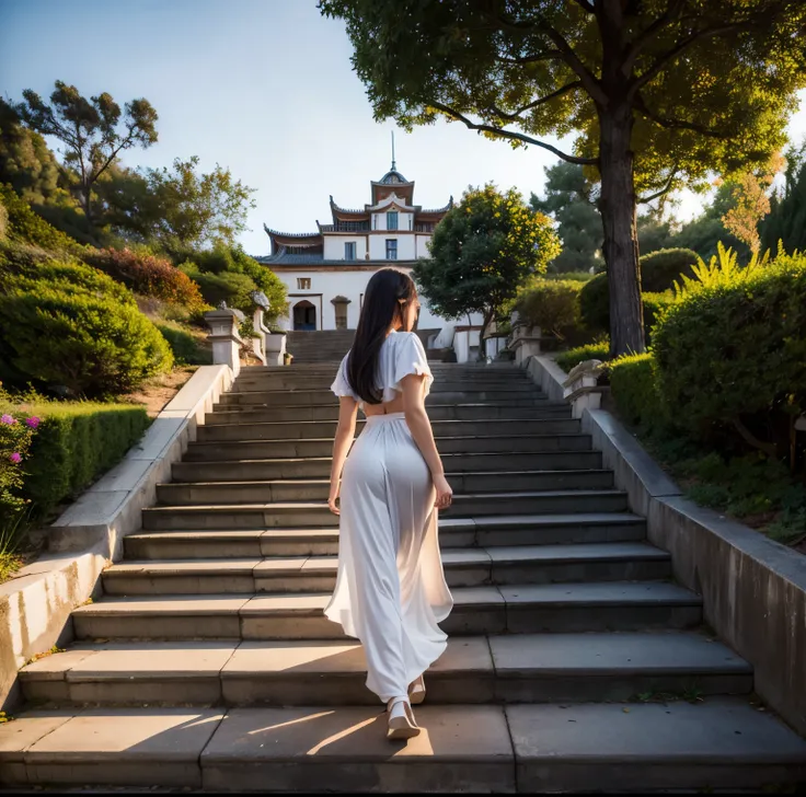 8K quality, Masterpiece,  bright artistic dusk lighting,  super real ,  high chroma, Ancient fortified city landscape pictures,  forest, High ground, (Back view on stairs :1.3), (Ass:1.2), White clothes