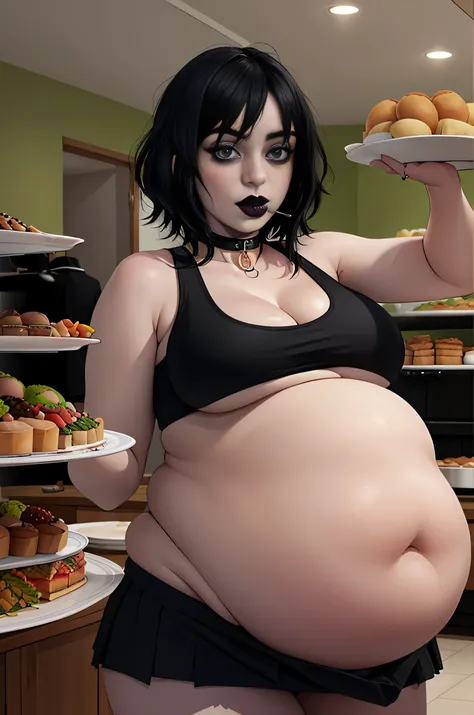 Billie Eilish, (Billie Eilish:1.5), masterpiece quality, (masterpiece quality:1.3), detailed, realistic, (realistic:1.3), 1girl, solo, (solo:1.9), in a busy restaurant, buffet table in background, (buffet in background:1.5), lots of food, (lots of food in ...