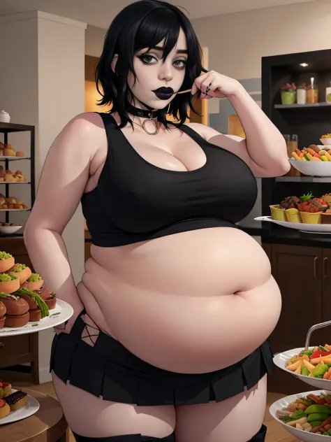 Billie Eilish, (Billie Eilish:1.5), masterpiece quality, (masterpiece quality:1.3), detailed, realistic, (realistic:1.3), 1girl, solo, (solo:1.9), in a busy restaurant, buffet table in background, (buffet in background:1.5), lots of food, (lots of food in ...