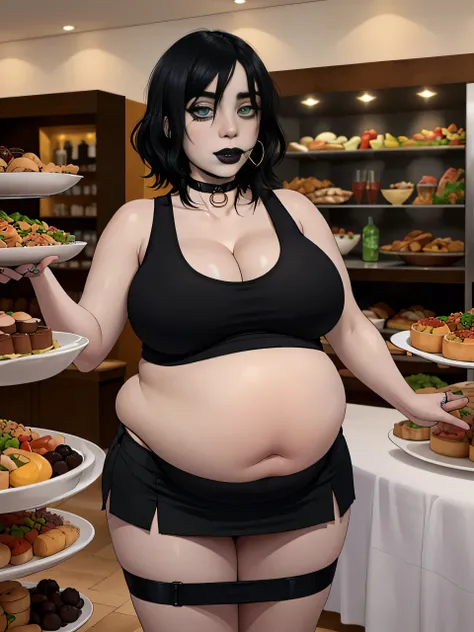 Billie Eilish, (Billie Eilish:1.5), masterpiece quality, (masterpiece quality:1.3), detailed, realistic, (realistic:1.3), 1girl, solo, (solo:1.9), in a busy restaurant, buffet table in background, (buffet in background:1.5), lots of food, (lots of food in ...