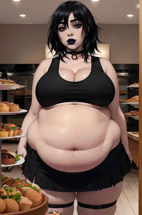 Billie Eilish, (Billie Eilish:1.5), masterpiece quality, (masterpiece quality:1.3), detailed, realistic, (realistic:1.3), 1girl, solo, (solo:1.9), in a busy restaurant, buffet table in background, (buffet in background:1.5), lots of food, (lots of food in ...